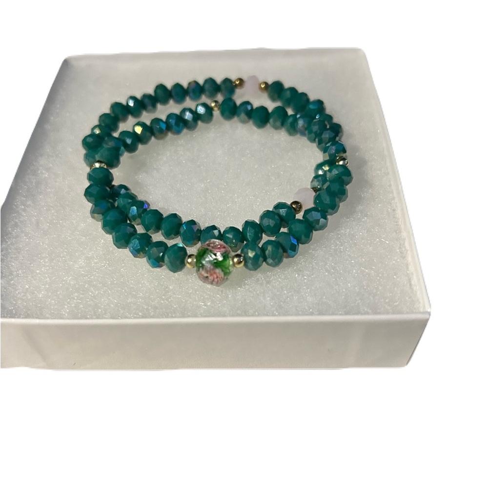 Two Elegant Green Beaded Bracelets with Pink Accents